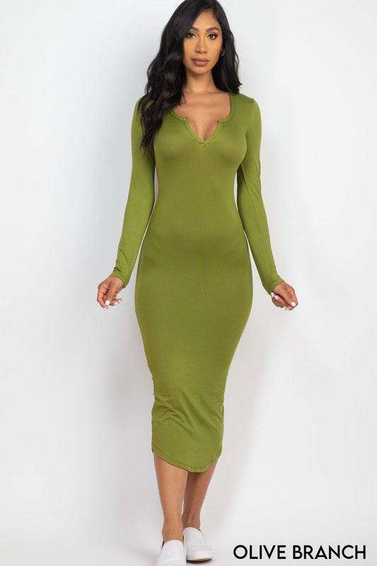 Split Neck Long Sleeve Midi Dress