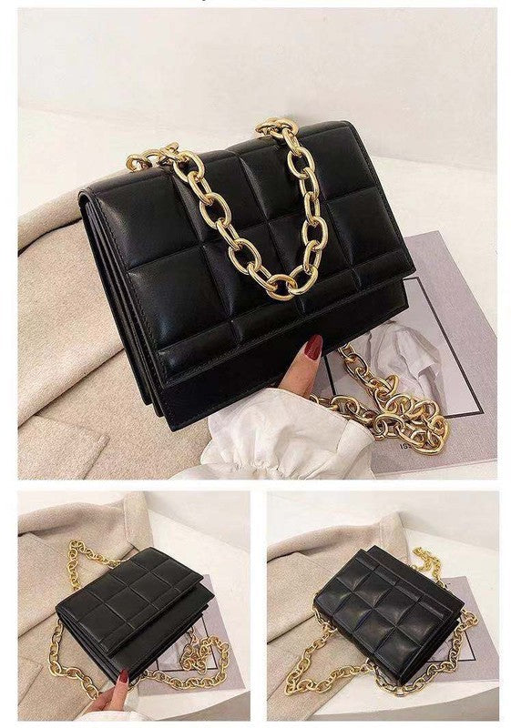 SQUARE QUILTED DESIGN CHAIN LINK HANDLE BAG