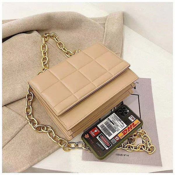 SQUARE QUILTED DESIGN CHAIN LINK HANDLE BAG