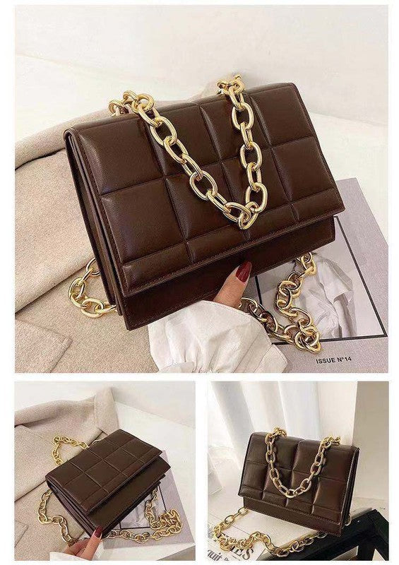 SQUARE QUILTED DESIGN CHAIN LINK HANDLE BAG