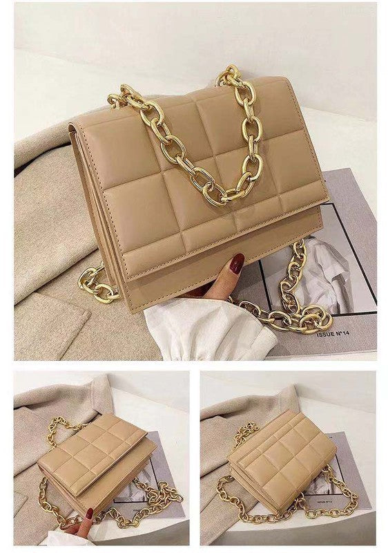 SQUARE QUILTED DESIGN CHAIN LINK HANDLE BAG