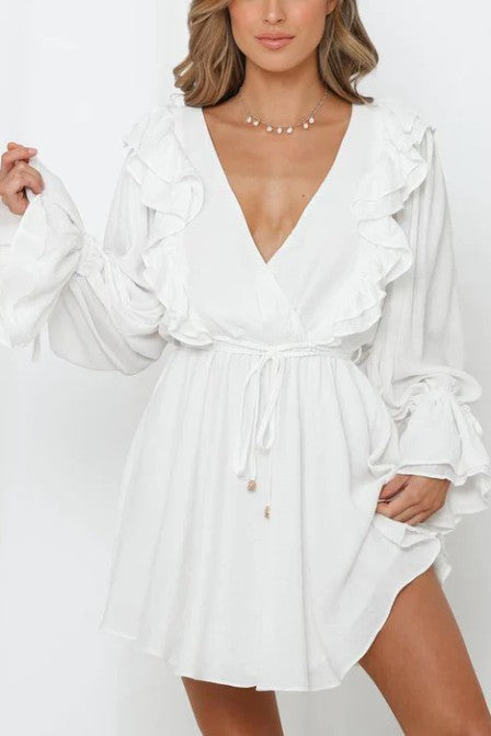 RUFFLE SURPLICE TIED MINI DRESS