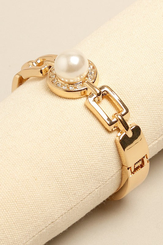 Metal Rhinestone & Pearl Bracelet