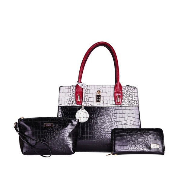 COLOR BLOCK FAUX REPTILE TOTE SET