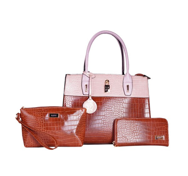 COLOR BLOCK FAUX REPTILE TOTE SET