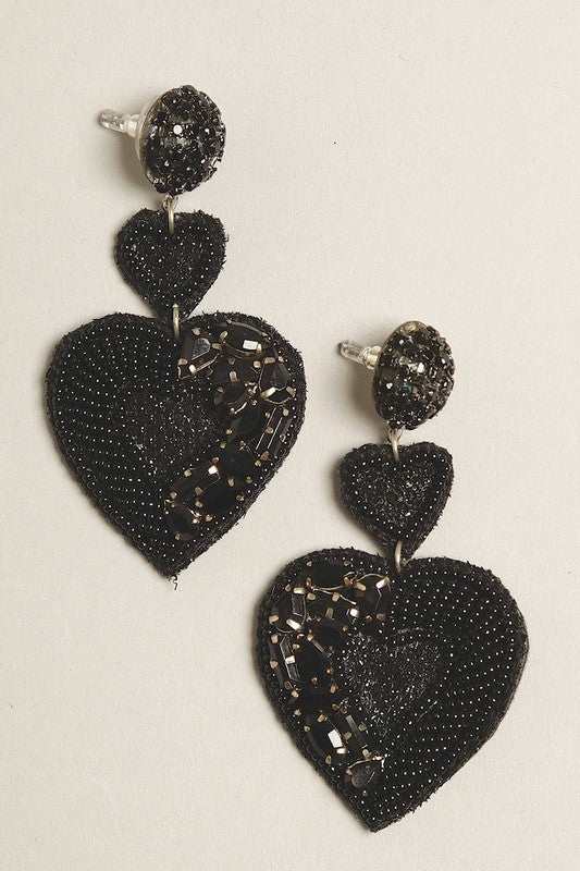 Black Heart Seed Beaded Post Earrings