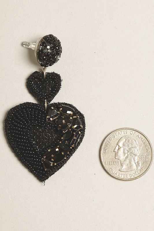 Black Heart Seed Beaded Post Earrings