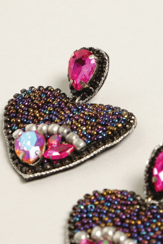 Gem Heart Seed Beaded Post Earrings