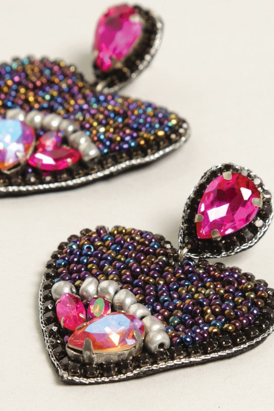 Gem Heart Seed Beaded Post Earrings