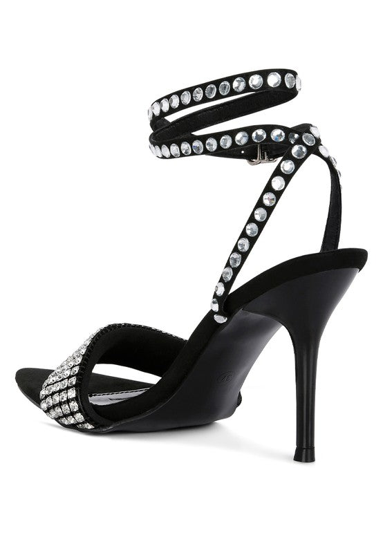 ZURIN Black High Heeled Diamante Sandals