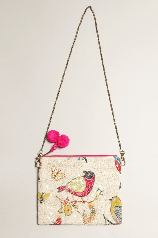 Bird Beaded Clutch with Chain