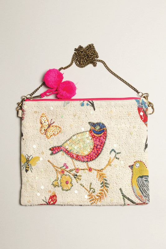 Bird Beaded Clutch with Chain