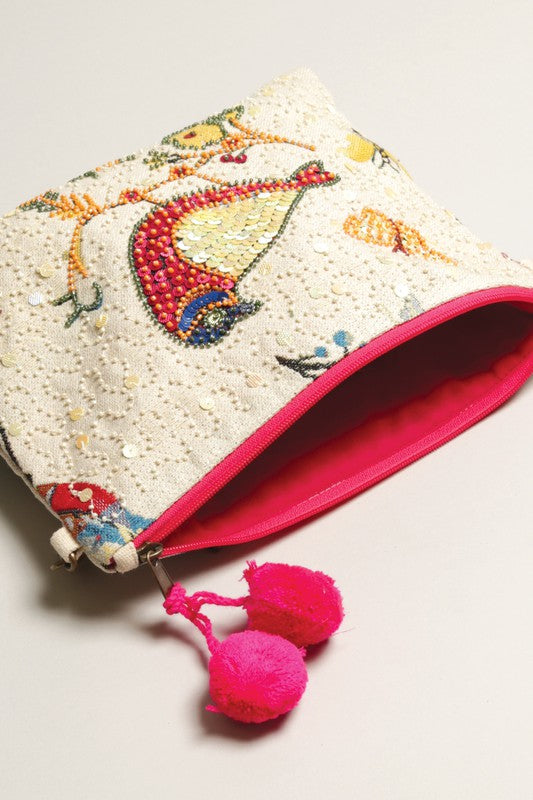 Bird Beaded Clutch with Chain