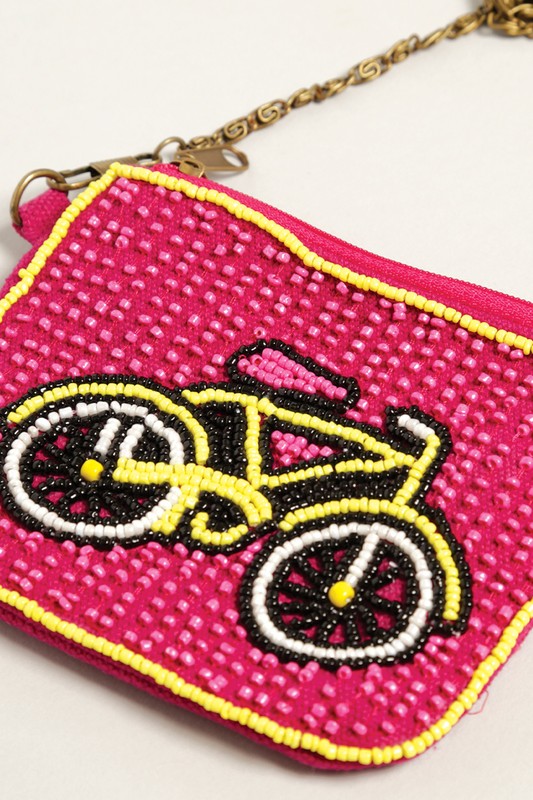 Bicycle Seed Beaded Coin Pouch with Chain