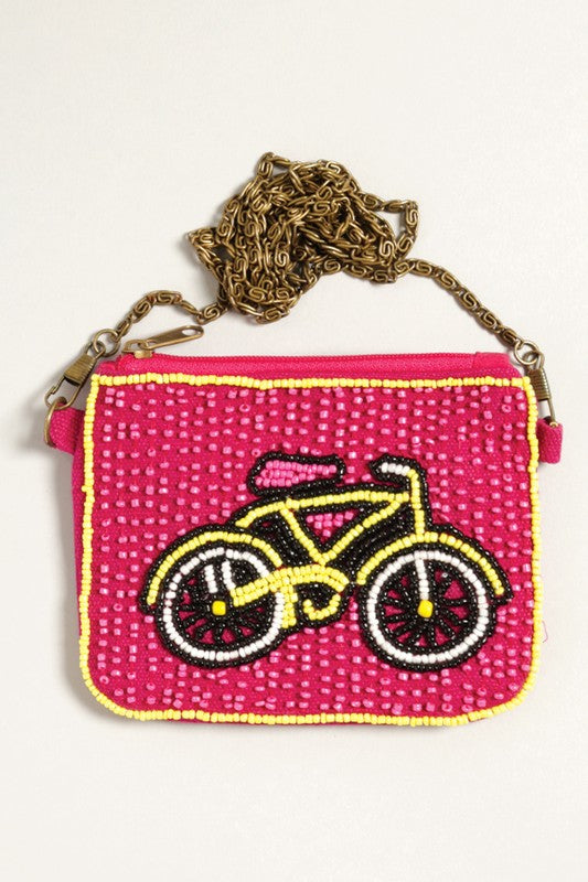 Bicycle Seed Beaded Coin Pouch with Chain