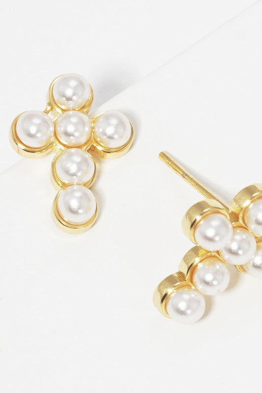 Pearl Cross Gold Dipped Post Earrings