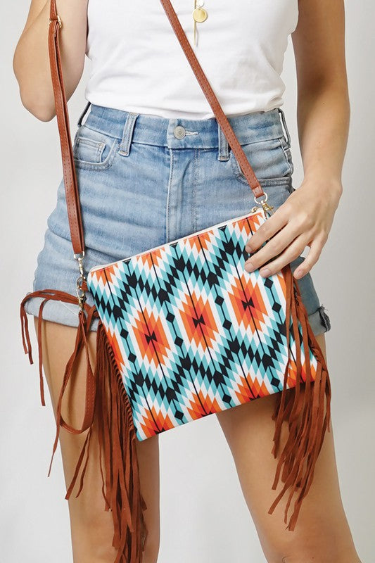 Aztec Print Crossbody with Tassels