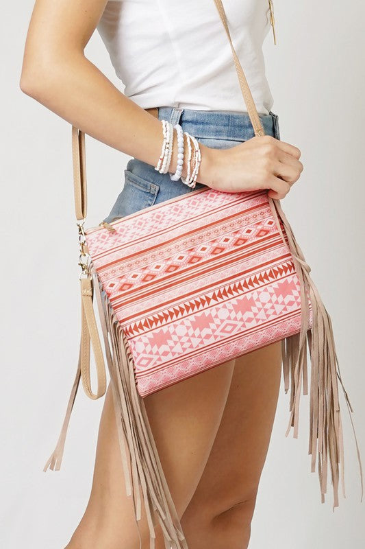 Aztec Striped Print Crossbody with Tassels