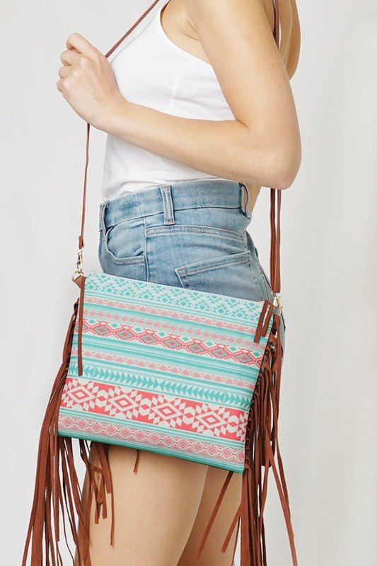 Aztec Striped Print Crossbody with Tassels