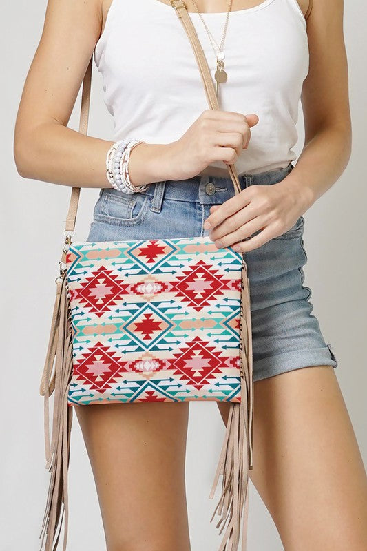 Geometric Aztec Print Crossbody with Tassels