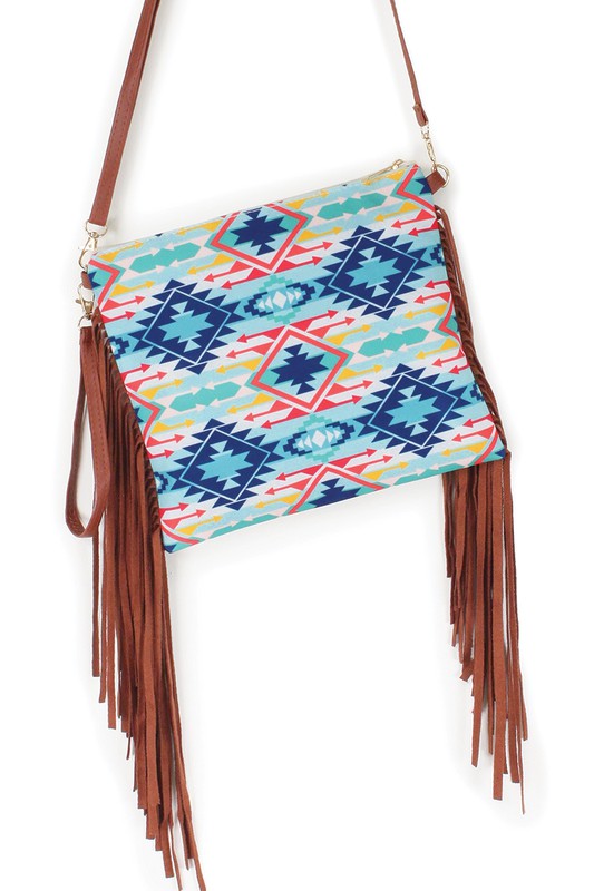 Geometric Aztec Print Crossbody with Tassels