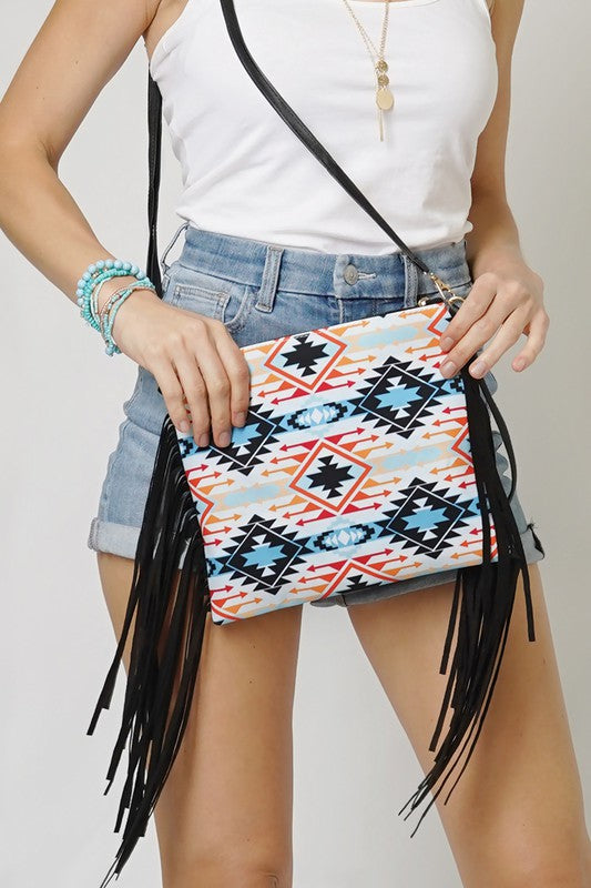 Geometric Aztec Print Crossbody with Tassels