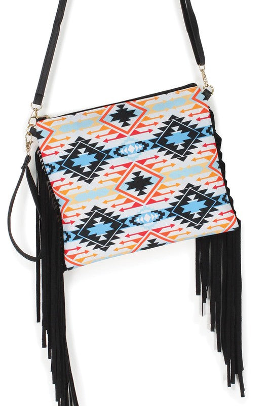 Geometric Aztec Print Crossbody with Tassels