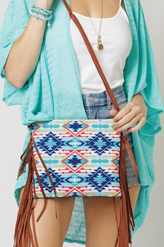 Geometric Aztec Print Crossbody with Tassels