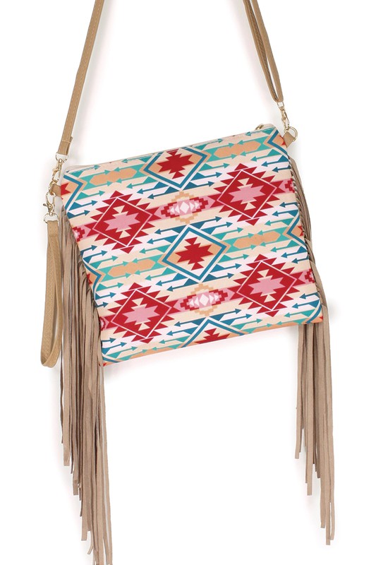 Geometric Aztec Print Crossbody with Tassels