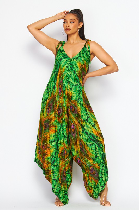 PEACOCK PRINT HAREM JUMPSUITS