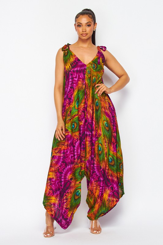 PEACOCK PRINT HAREM JUMPSUITS