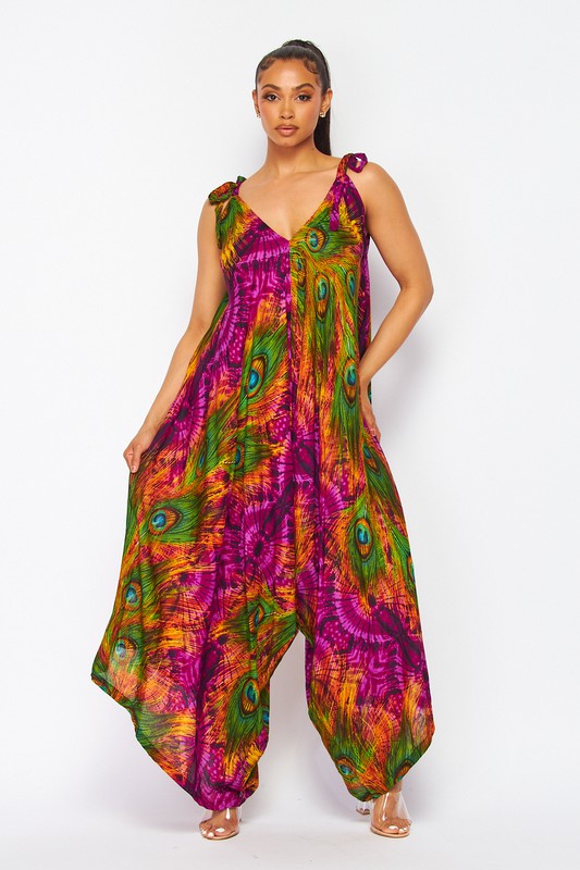 PEACOCK PRINT HAREM JUMPSUITS