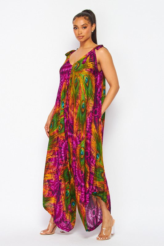 PEACOCK PRINT HAREM JUMPSUITS