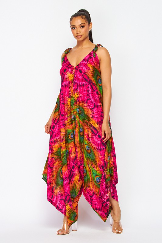 PEACOCK PRINT HAREM JUMPSUITS