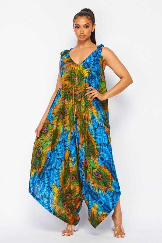 PEACOCK PRINT HAREM JUMPSUITS