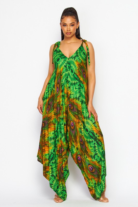 PEACOCK PRINT HAREM JUMPSUITS