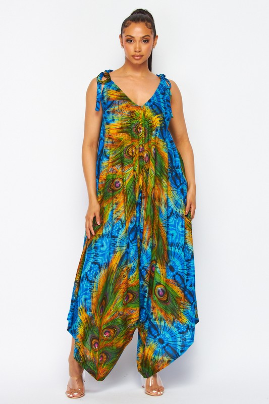 PEACOCK PRINT HAREM JUMPSUITS