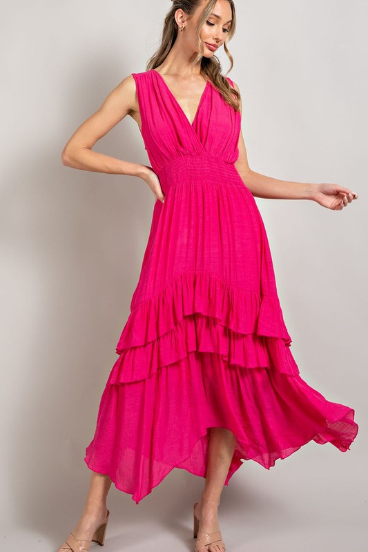 V NECK RUFFLE MAXI DRESS