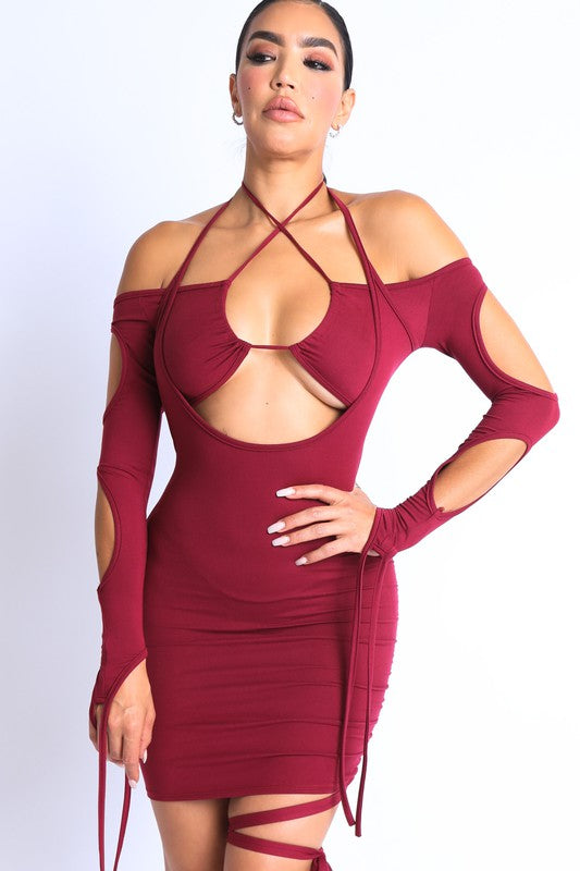 Cut Out String Detailed Off shoulder Halter Mini