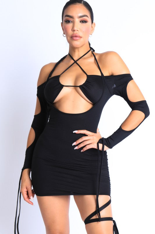 Cut Out String Detailed Off shoulder Halter Mini