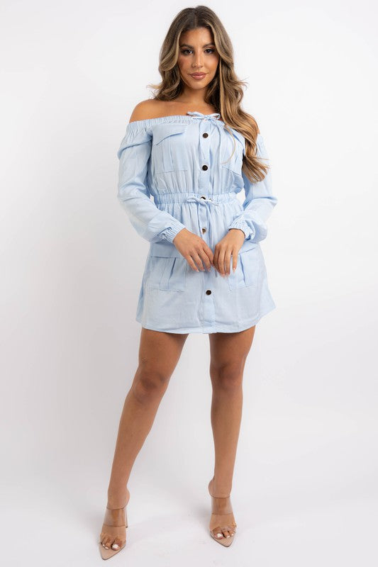 Off Shoulder Cargo Mini Dress