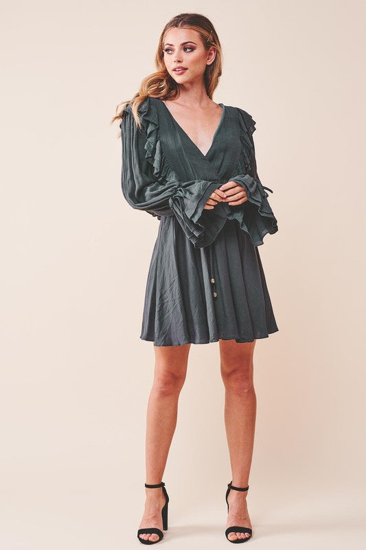 RUFFLE SURPLICE TIED MINI DRESS