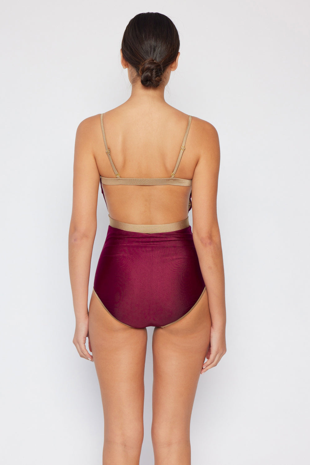 Wine Wave Break Contrast Trim Swimsuit