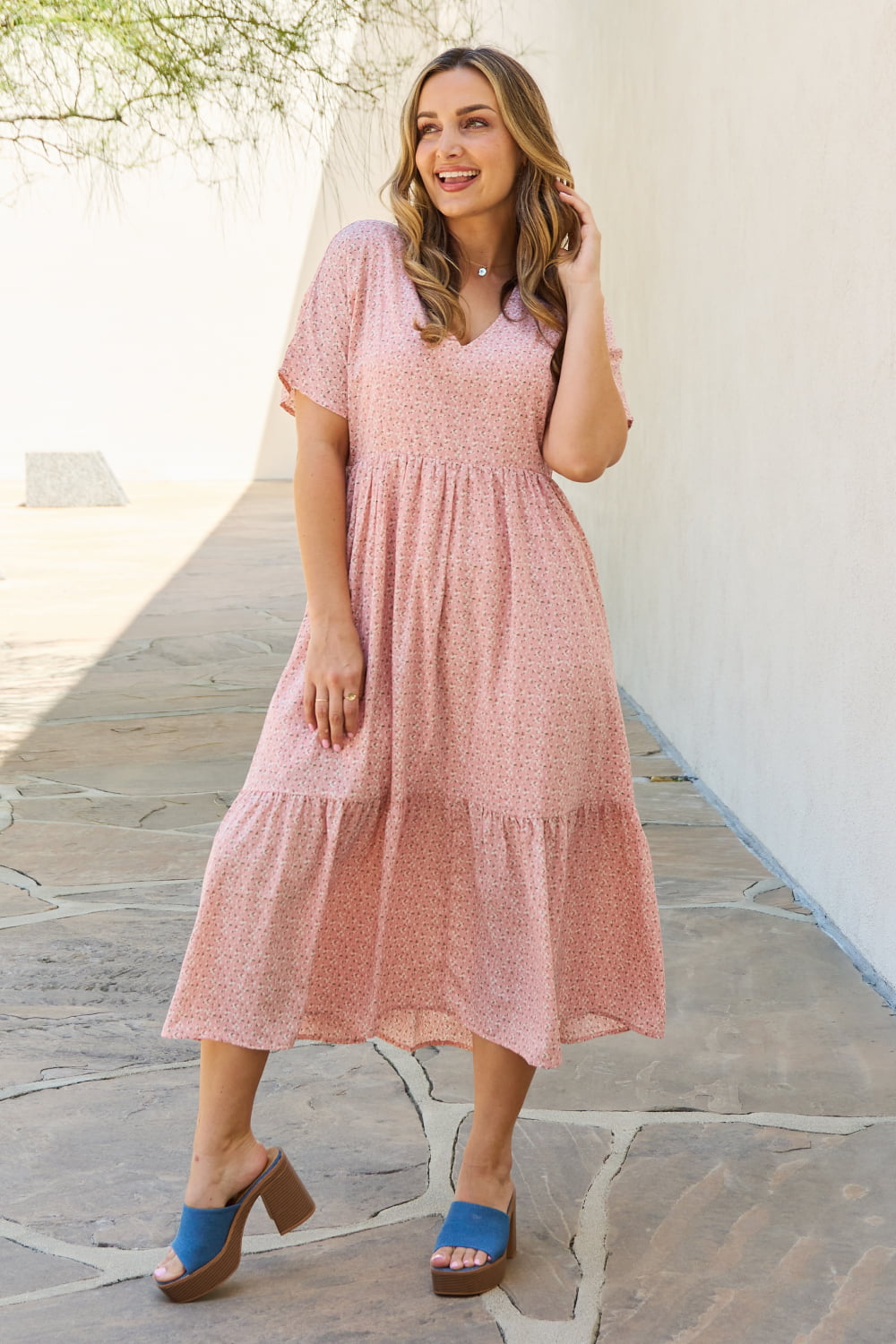 Peach Full Size Kimono Sleeve Midi Dress