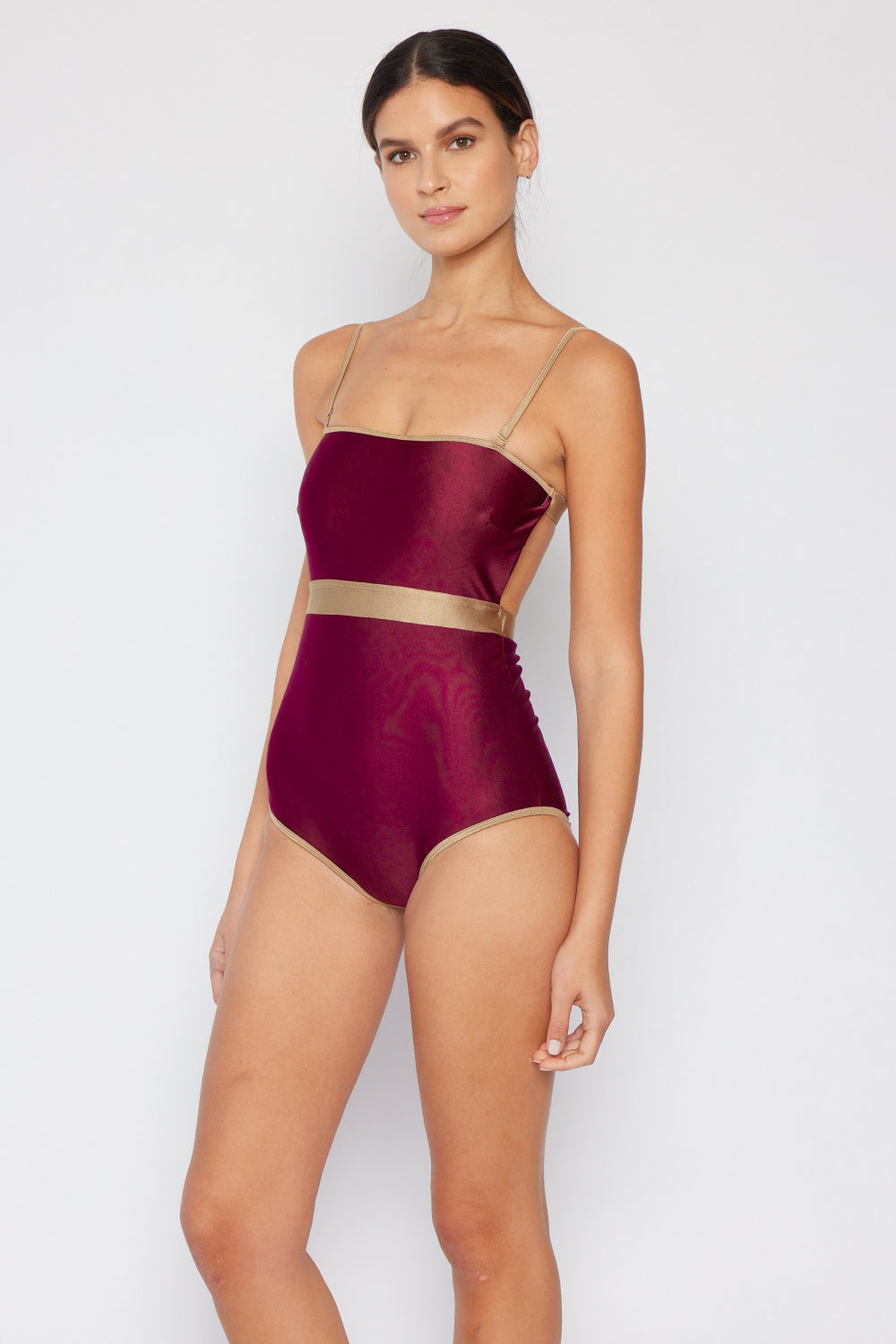 Wine Wave Break Contrast Trim Swimsuit