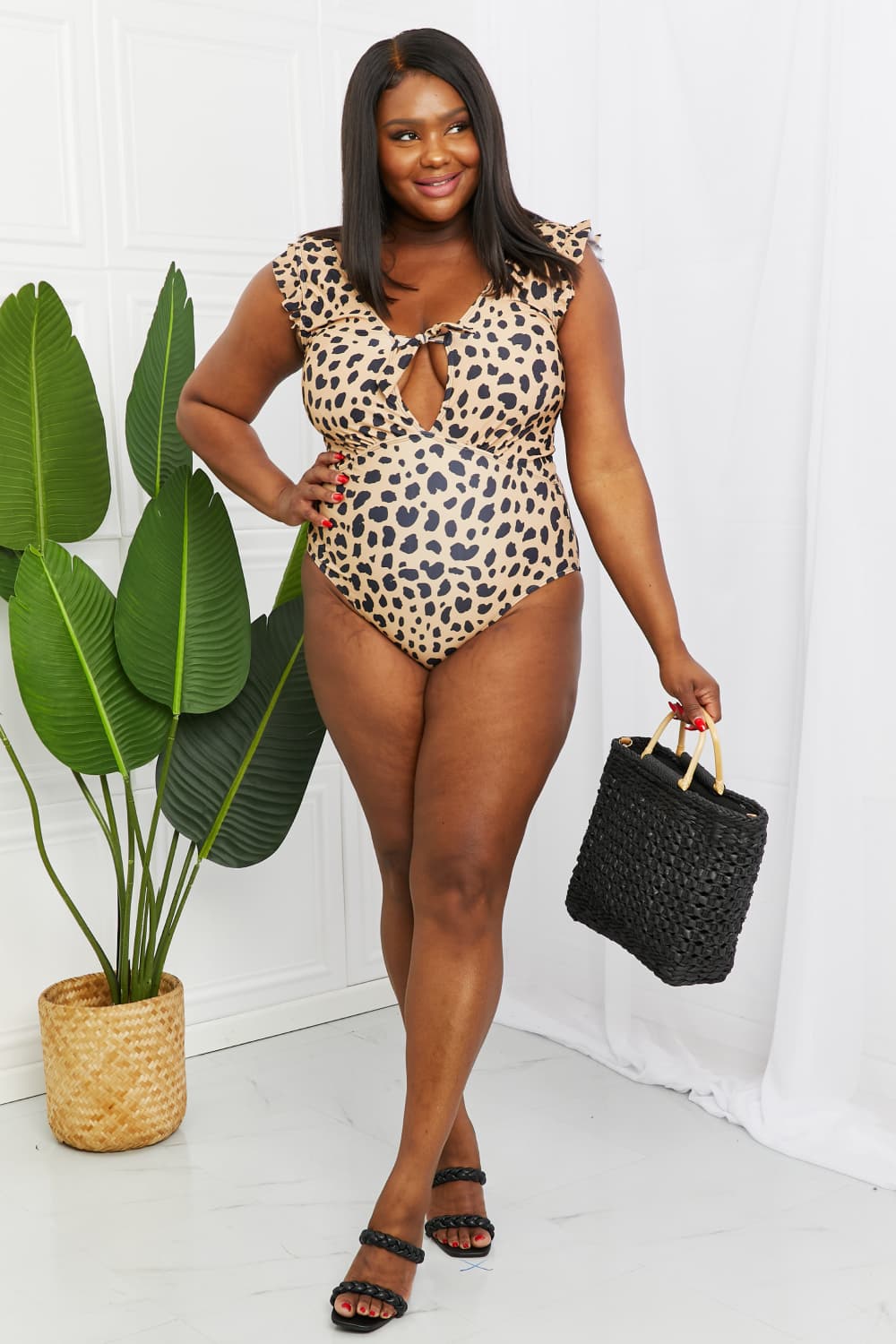 Leopard Seashell Ruffle Sleeve Swimsuit