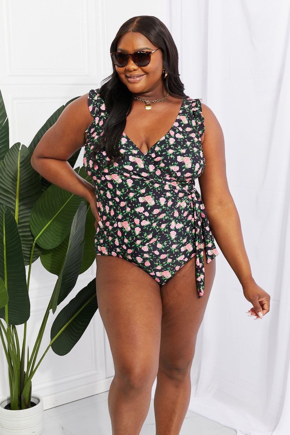 Floral Ruffle Faux Wrap Swimsuit