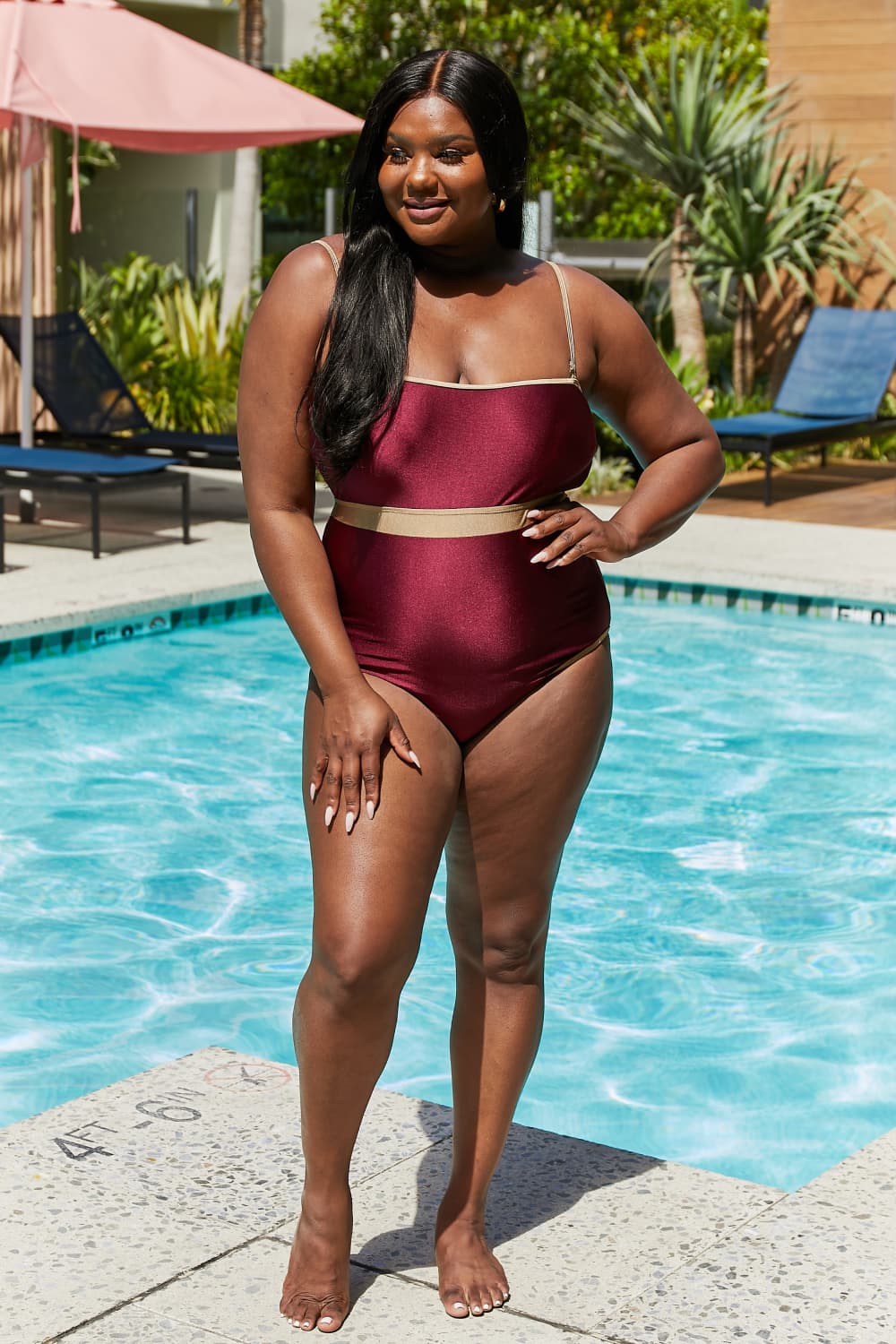 Wine Wave Break Contrast Trim Swimsuit