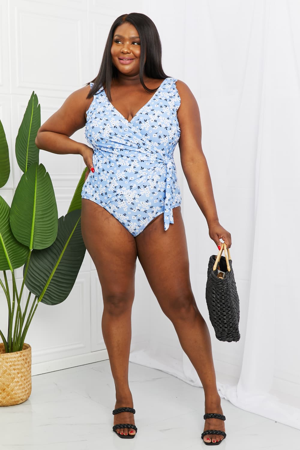 Blossom Blue  Ruffle Faux Wrap One-Piece Swimsuit