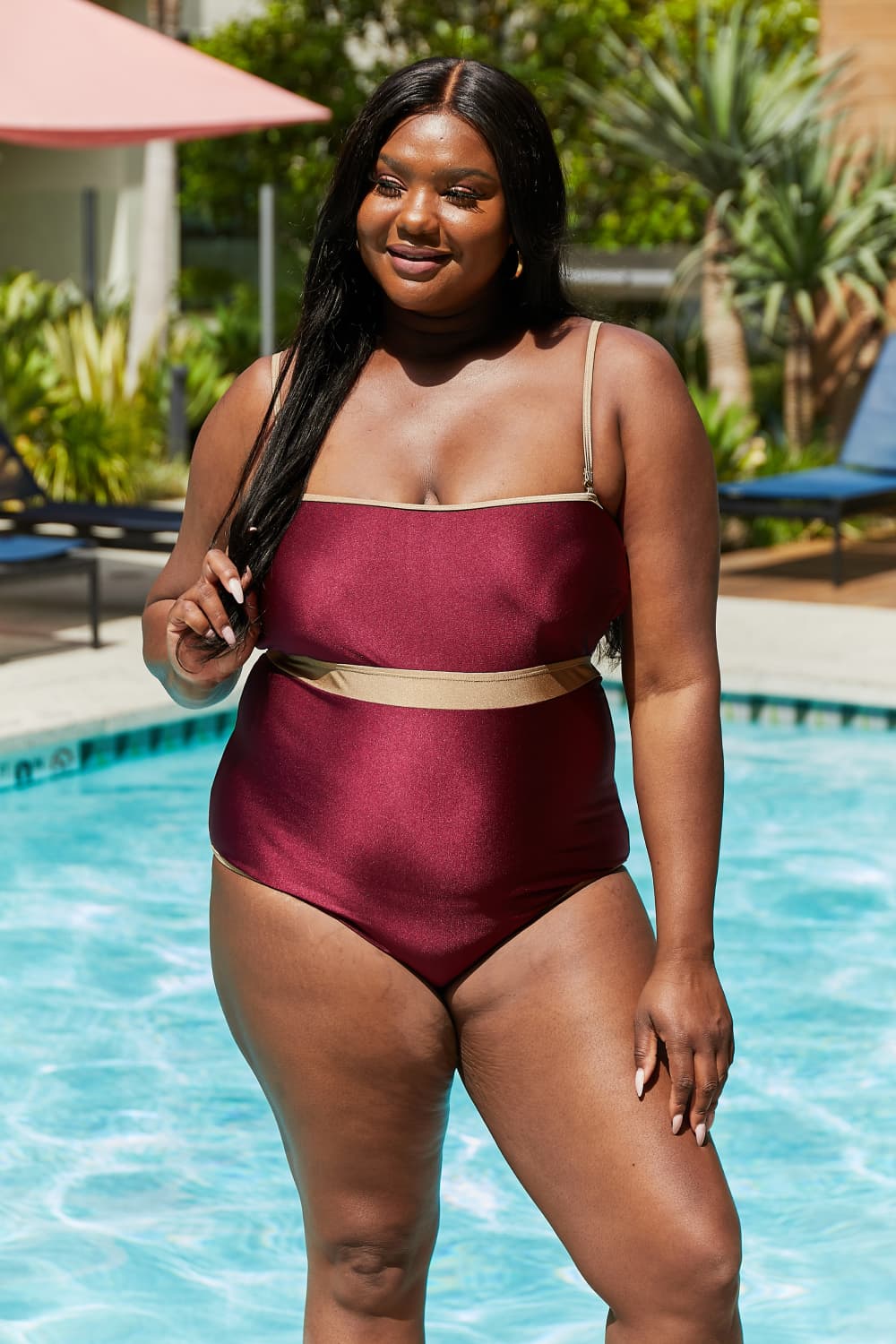 Wine Wave Break Contrast Trim Swimsuit